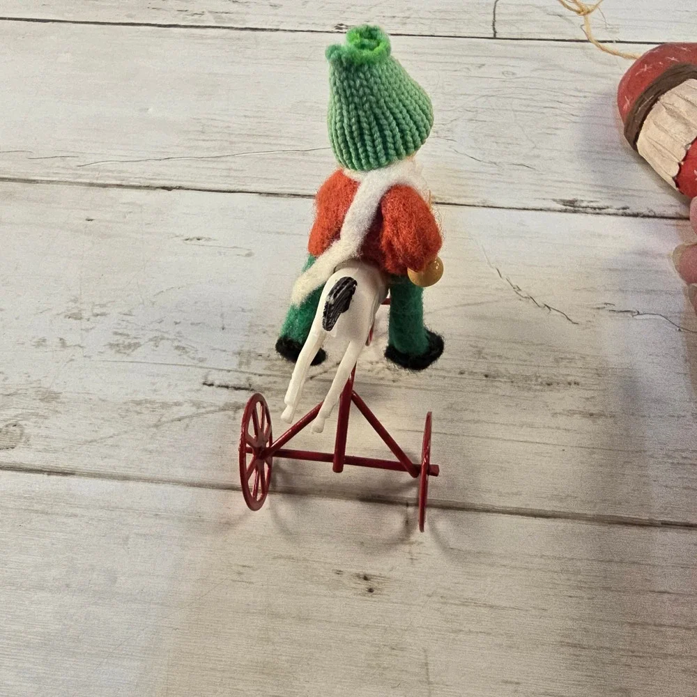 Vintage Christmas Ornament Set Hand Carved Wood Santa Moon and Boy on Tricycle